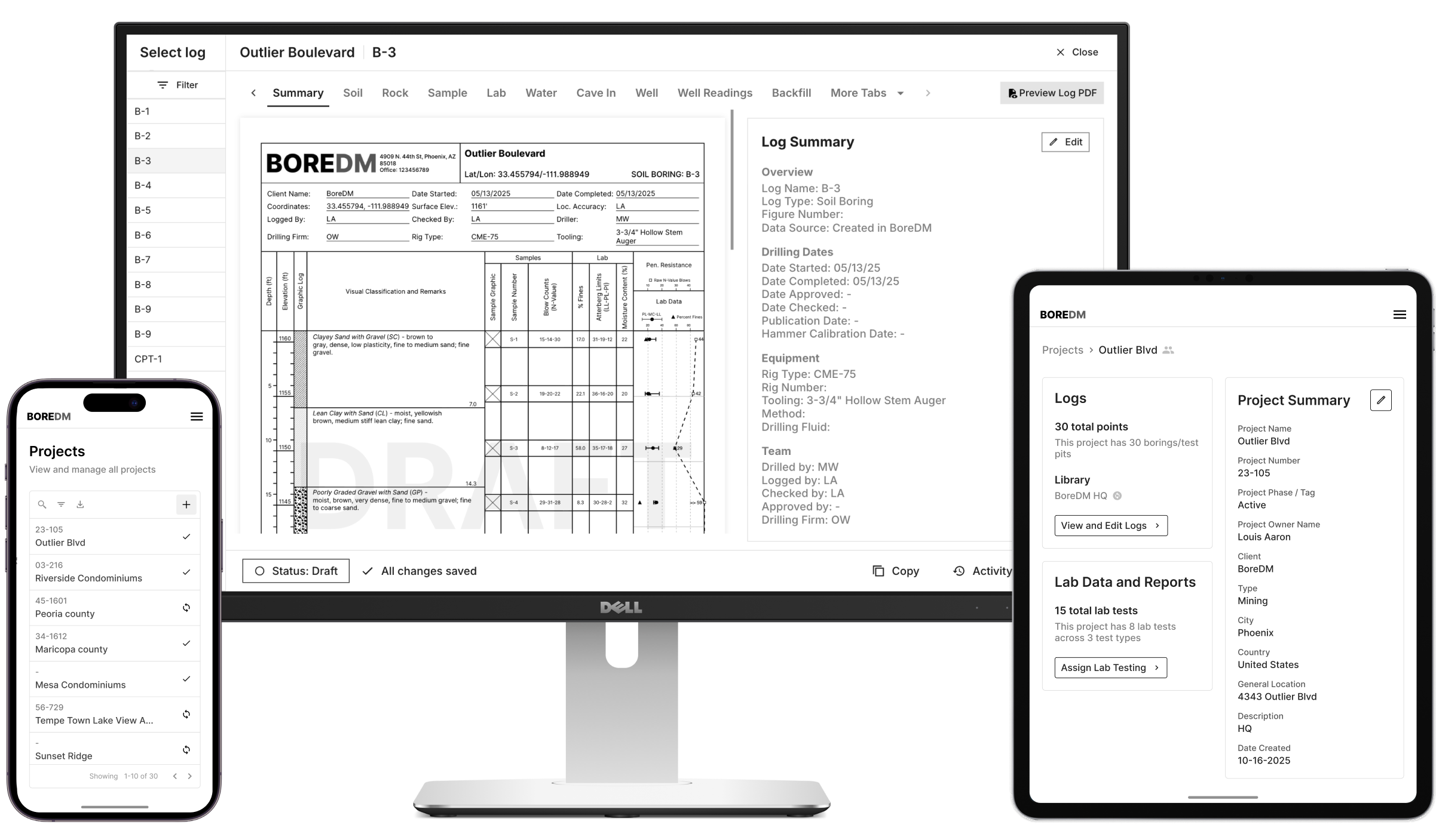 BoreDM running on desktop, tablet, and phone