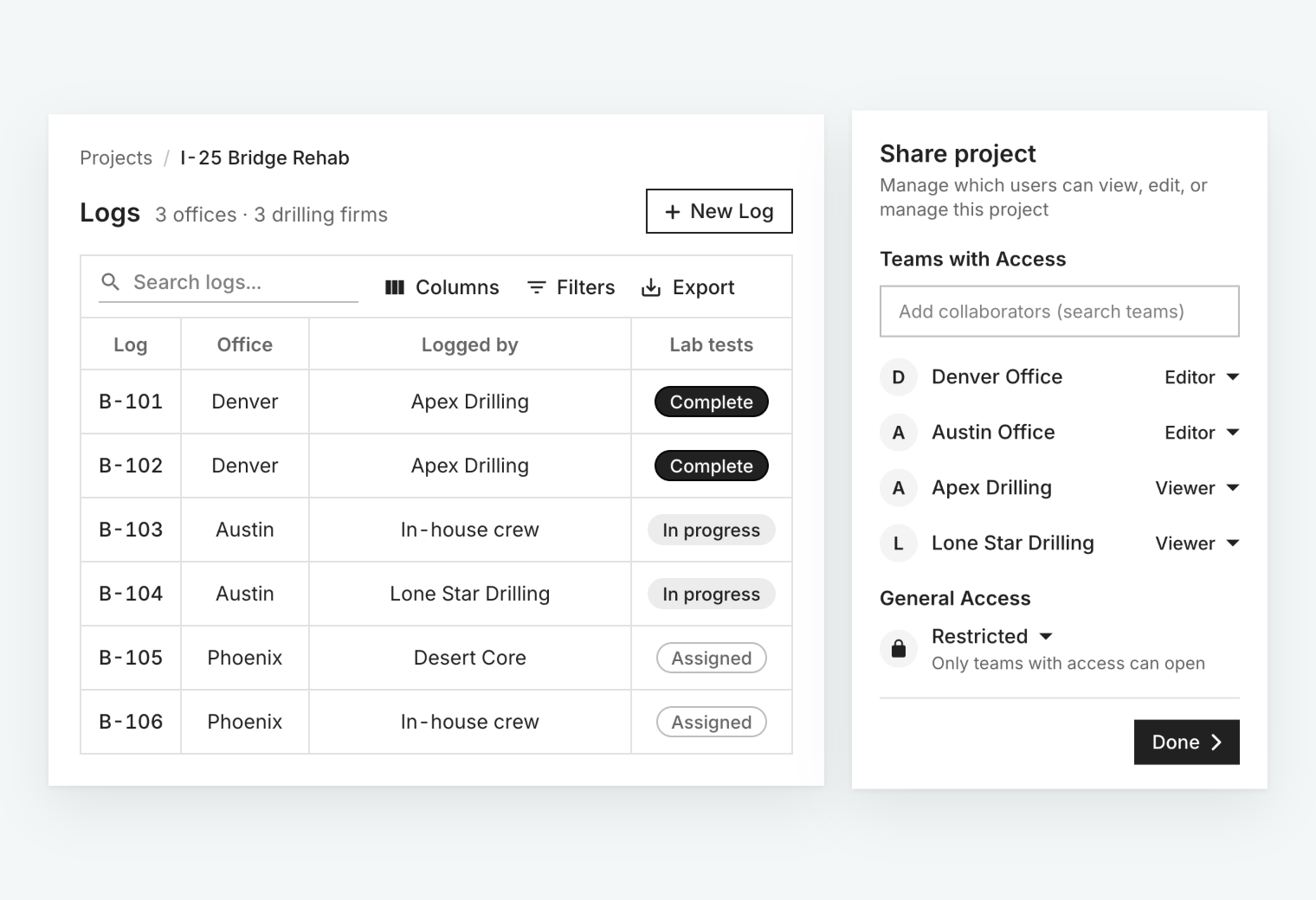 A multi-office project log table alongside sharing settings that give each office and drilling firm scoped access