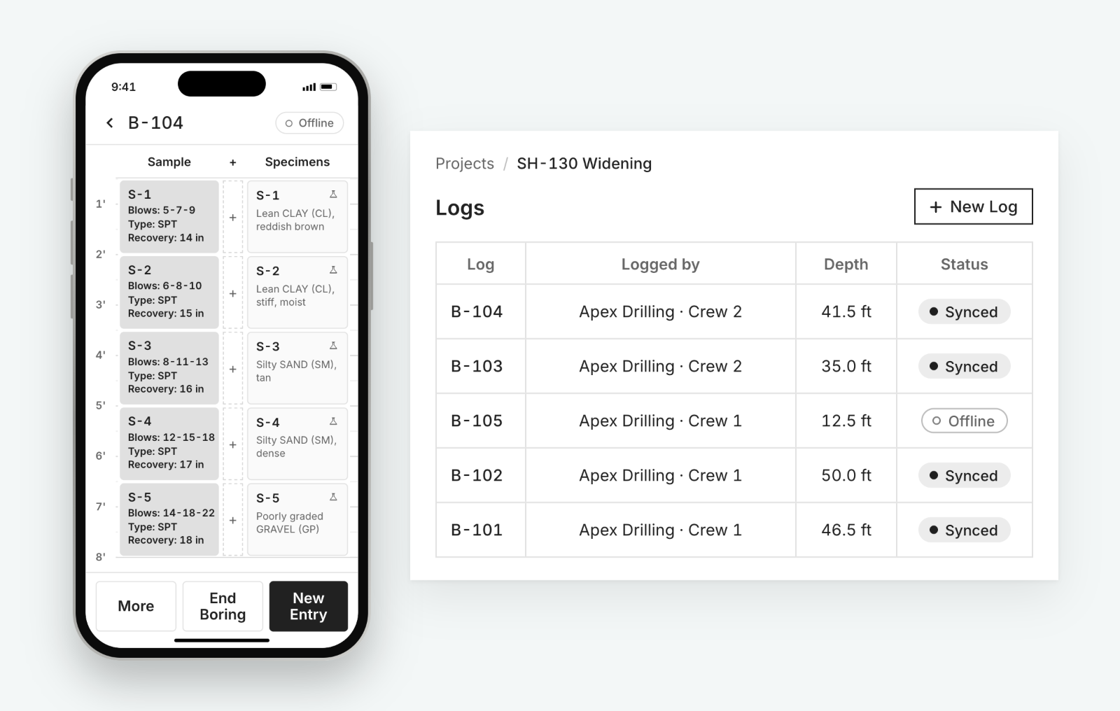 A boring log open on a phone in the field, alongside the project's synced logs on desktop