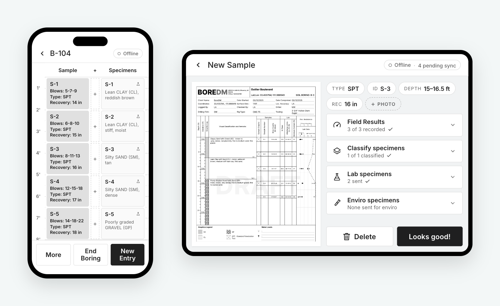 BoreDM Field running on a phone and tablet, showing a new sample entry with field results, specimen classification, and lab specimens tracked against a boring log