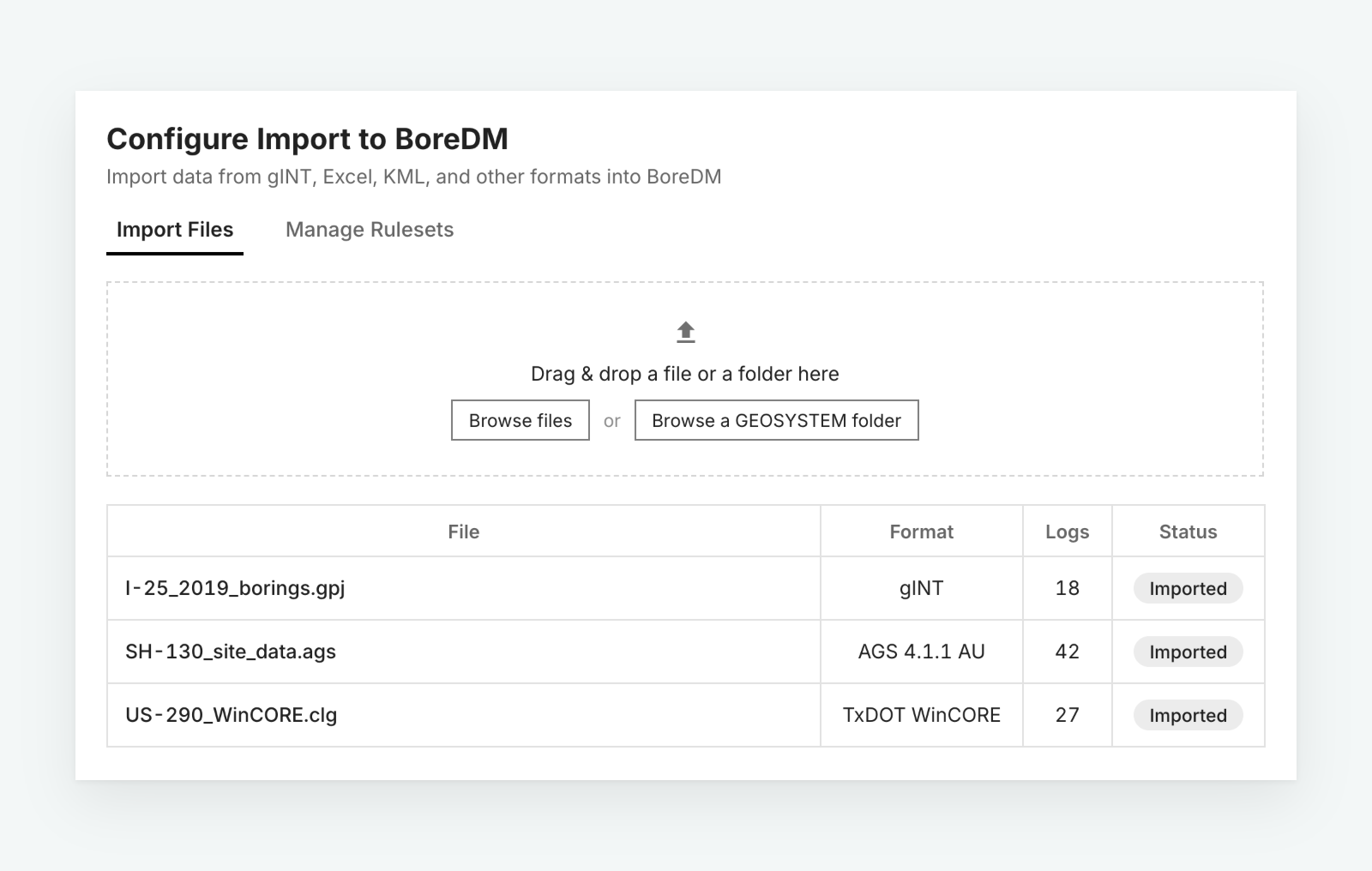 A gINT, AGS, and WinCORE file import queue, all landing in BoreDM's standardized format