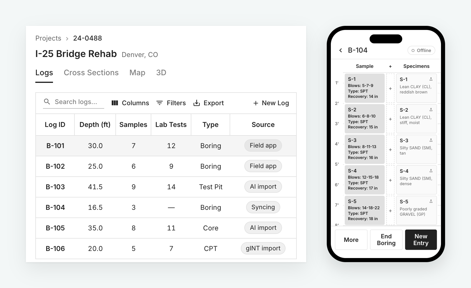 A project's log table on desktop, showing field app, AI import, and gINT import sources, alongside the same project open on a phone