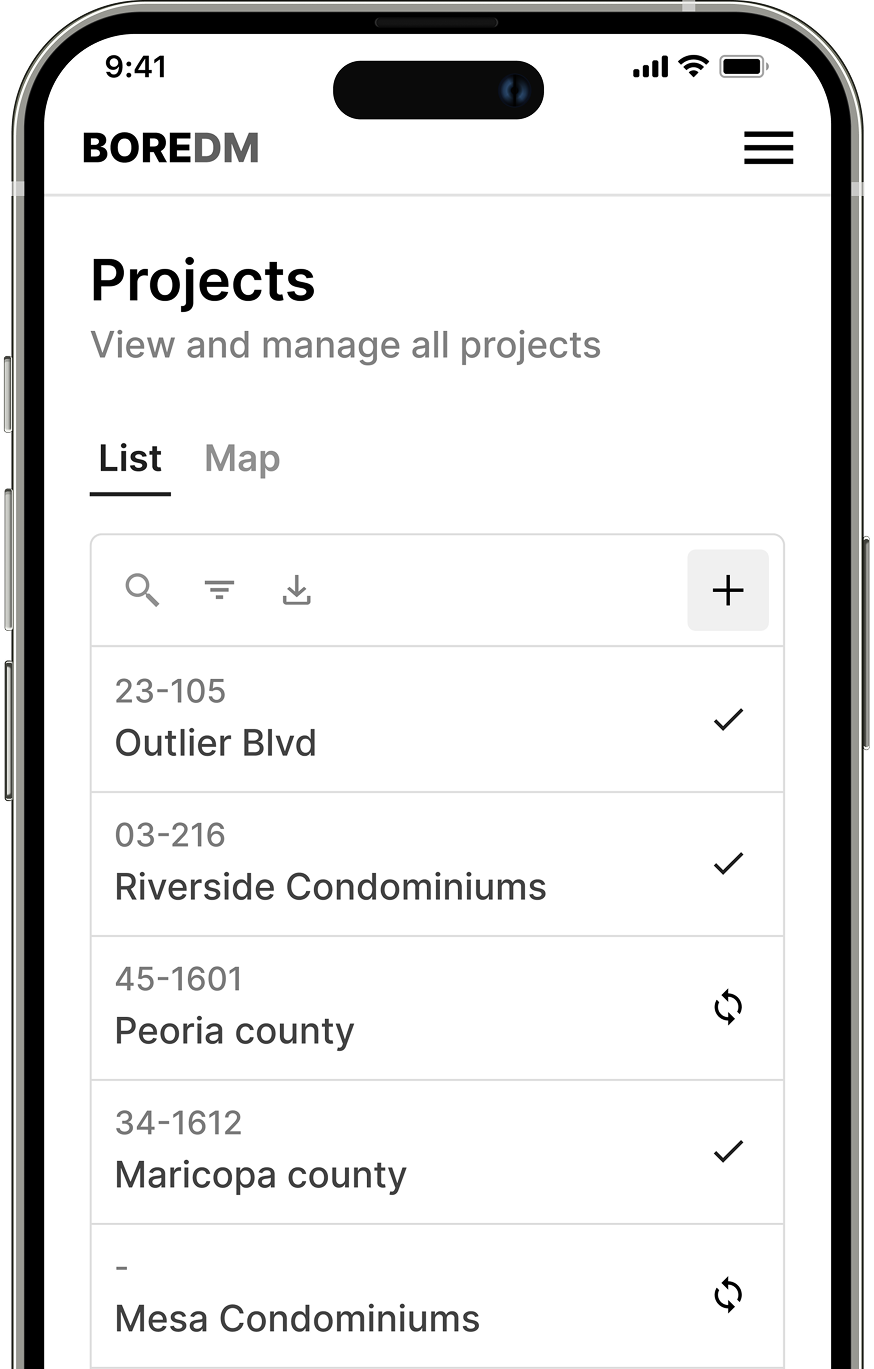 BoreDM projects list on a phone, with synced and pending status for each project