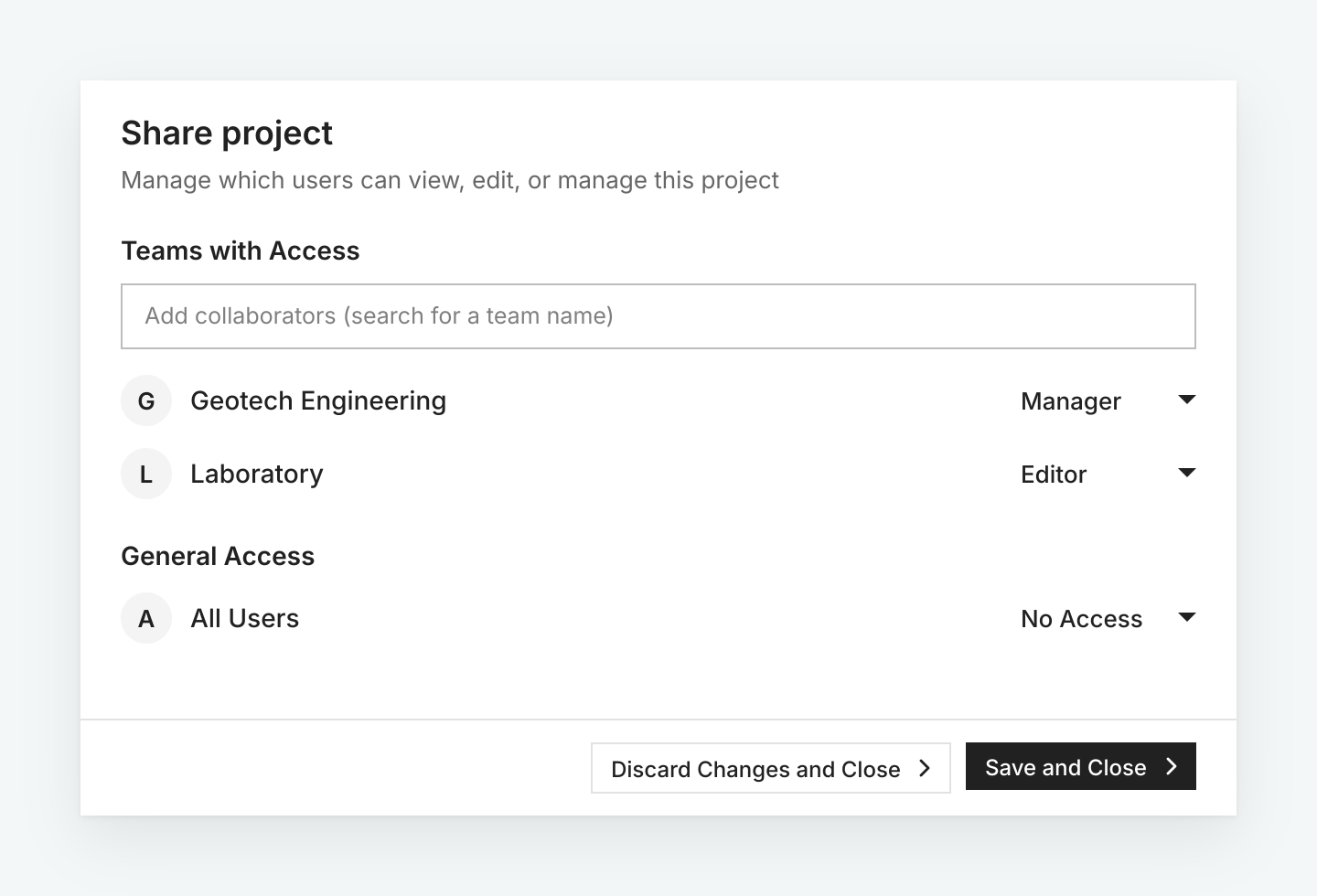 Project sharing settings showing role-based team access levels in BoreDM